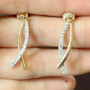10K real Yellow Gold 417 Diamond Drop Stud Earrings 0.22 CTW. about 1”